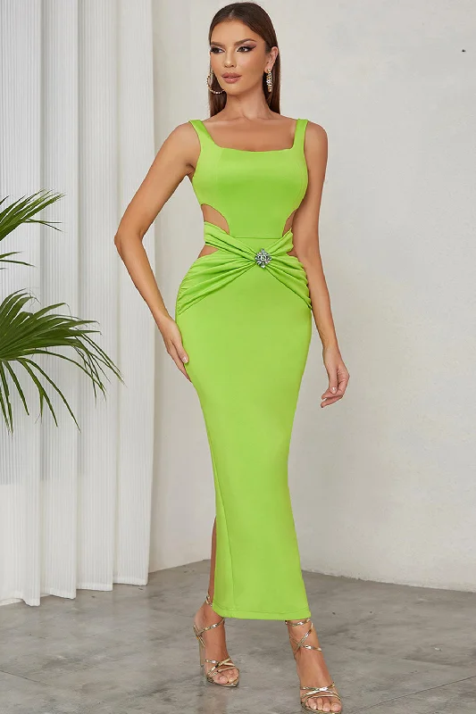 Embroidered Party Dress for Detailed -Green A Line Square Neck Hollow Out Pleated Long Formal Party Dress