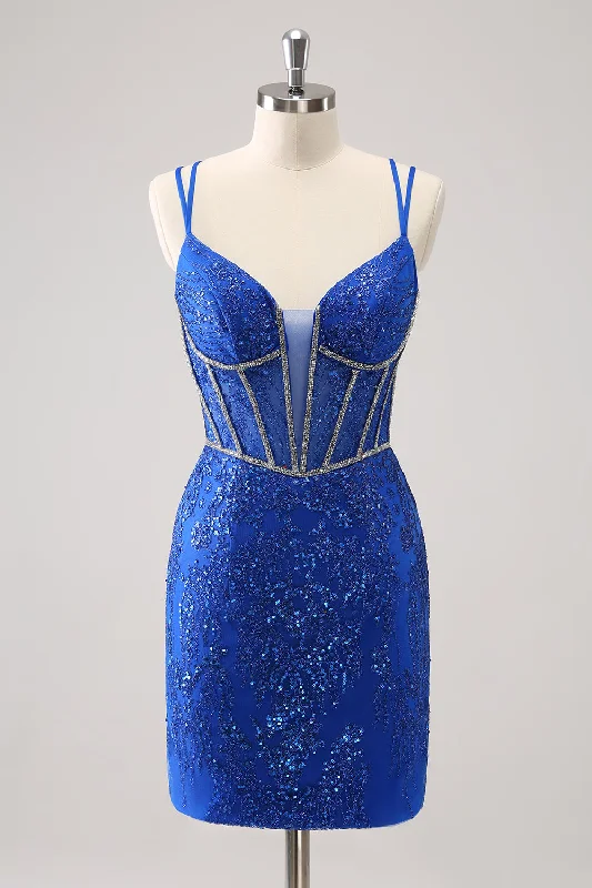 Celtic Dresses with Knotwork -Sparkly Royal Blue Spaghetti Straps Corset Tight Homecoming Dress with Sequins