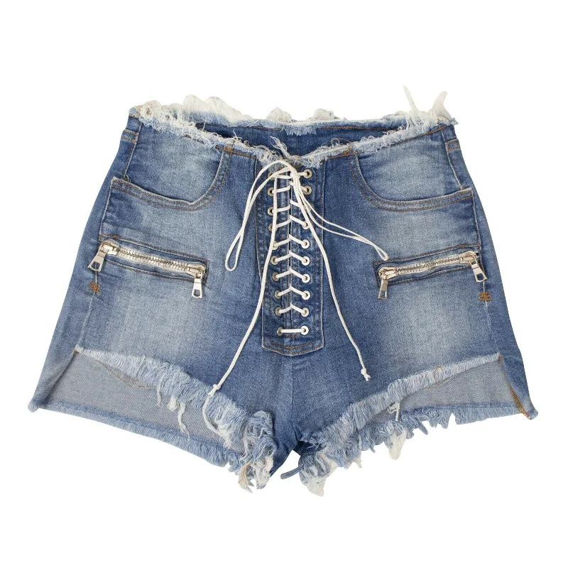 Leather tight trousers for women with edgy design and fashion-forward style -Unravel Project Denim Lace-Up Shorts - Denim