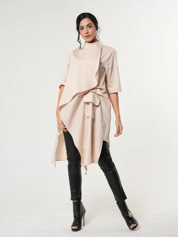 Casual Blouses for Everyday -Asymmetric Tunic Shirt In Beige