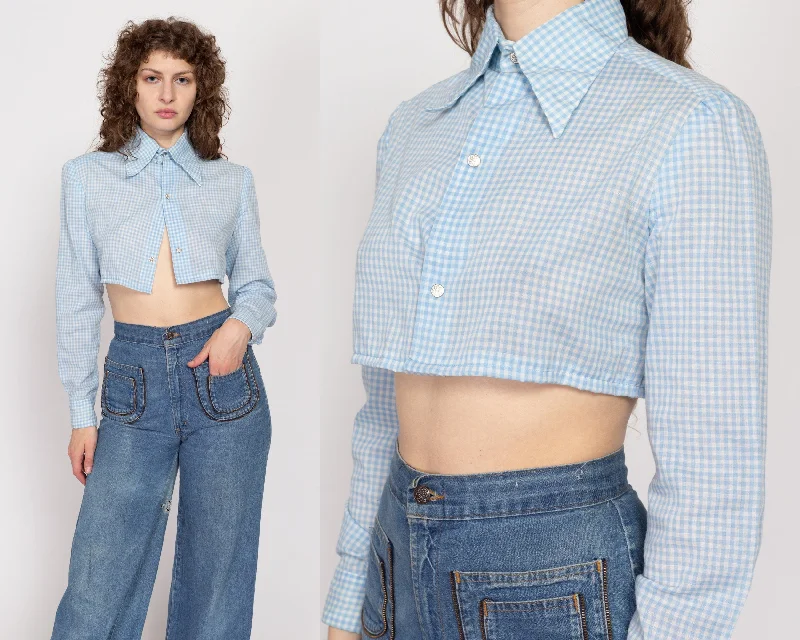 Dress Shirts for Formal Look -Medium 70s Blue Gingham Cropped Long Sleeve Shirt