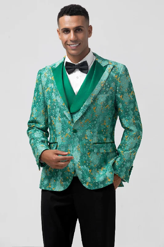 Checkered Bodice Party Dress for Trend -Green Peak Lapel Jacquard One Button 3 Piece Men's Prom Suits