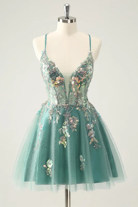 Floral Dresses for Romantic -Grey Green A Line Glitter Sequins Spaghetti Straps Homecoming Dresses