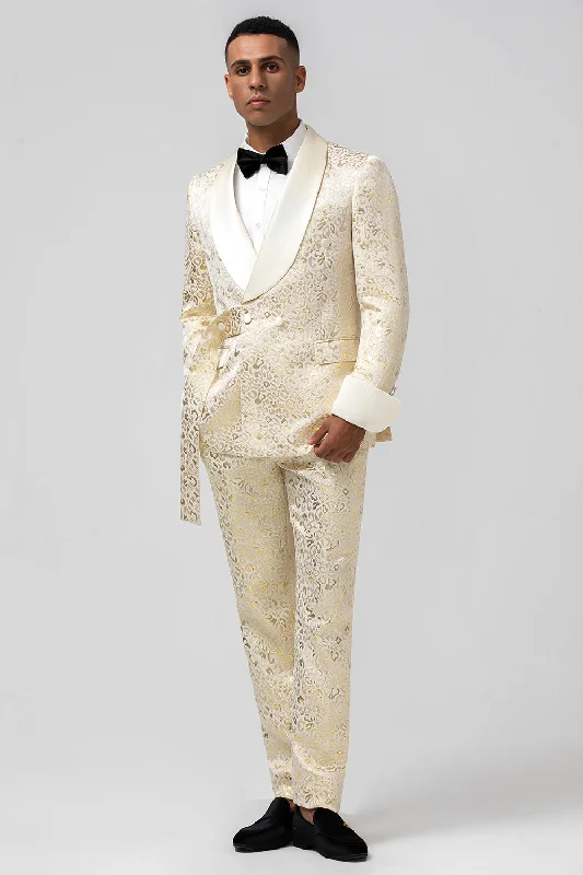 Party Dress for Christmas Party -Glitter Champagne Shawl Lapel Jacquard 2 Piece Men's Prom Suits with Belt