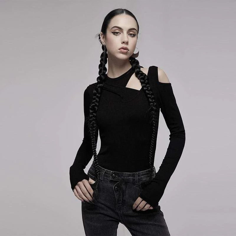 Henley Shirts for Relaxed -Women's Punk Slim Fitted Slash Shoulder Shirt