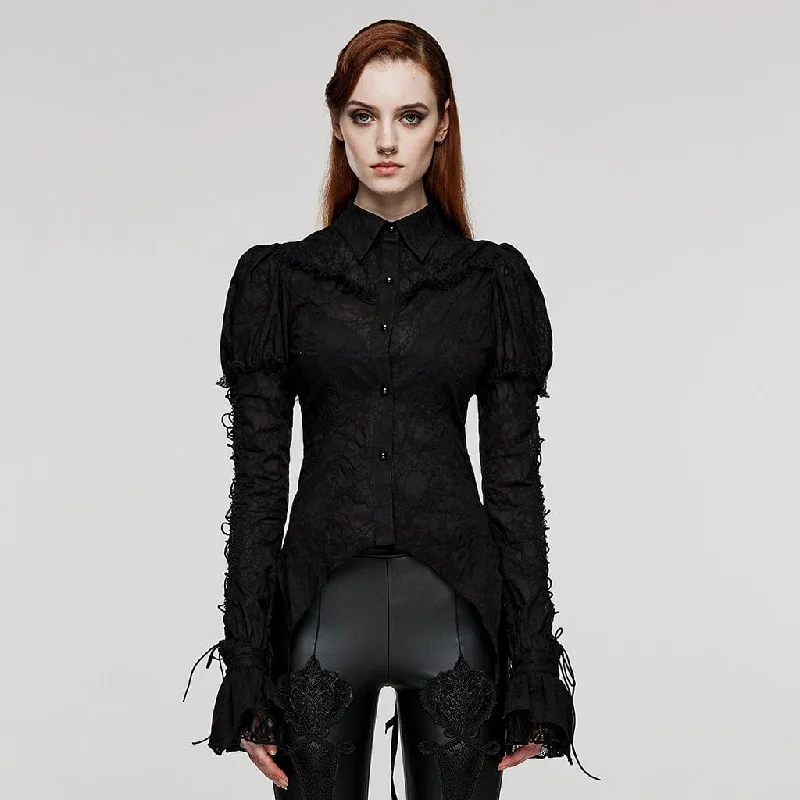 Green Blouses for Nature -Women's Gothic Puff Sleeved Lace Splice Shirt Black