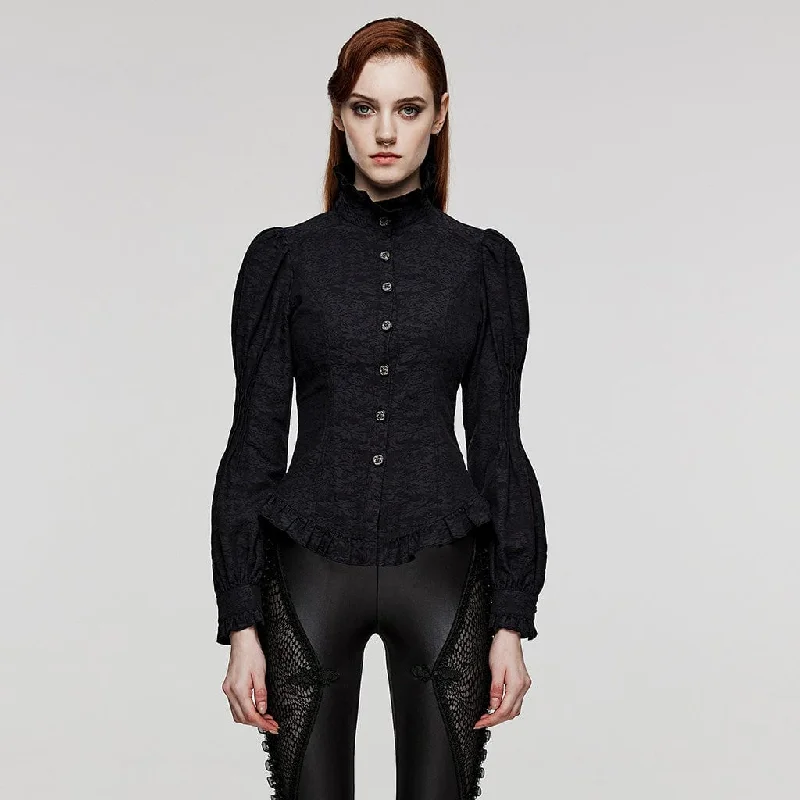 Spandex Shirts for Fit -Women's Gothic Stand Collar Puff Sleeved Ruffled Shirt