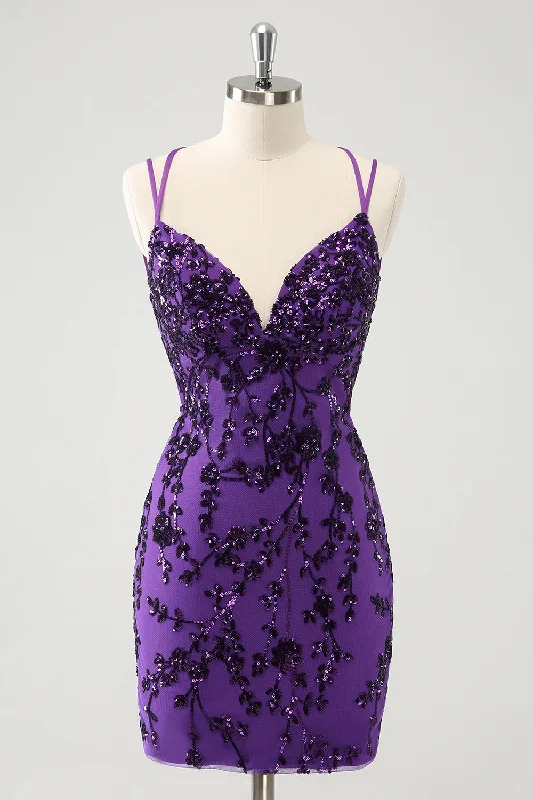 Black Dresses for Versatile -Sparkly Purple Spaghetti Straps Tight Short Homecoming Dress with Appliques