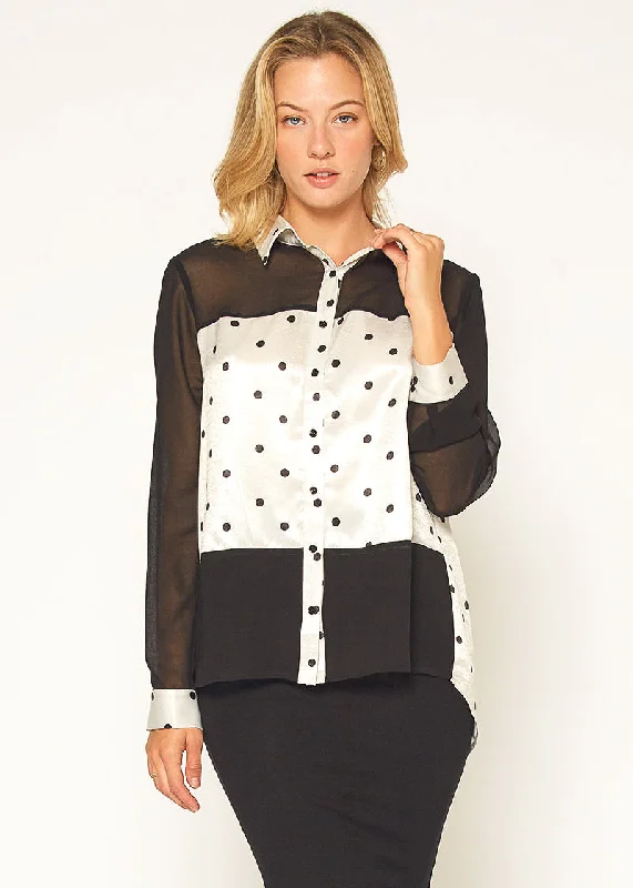 Cocktail Blouses for Event -Polkadot Mesh Button Up Shirt Blouse In Black Ivory