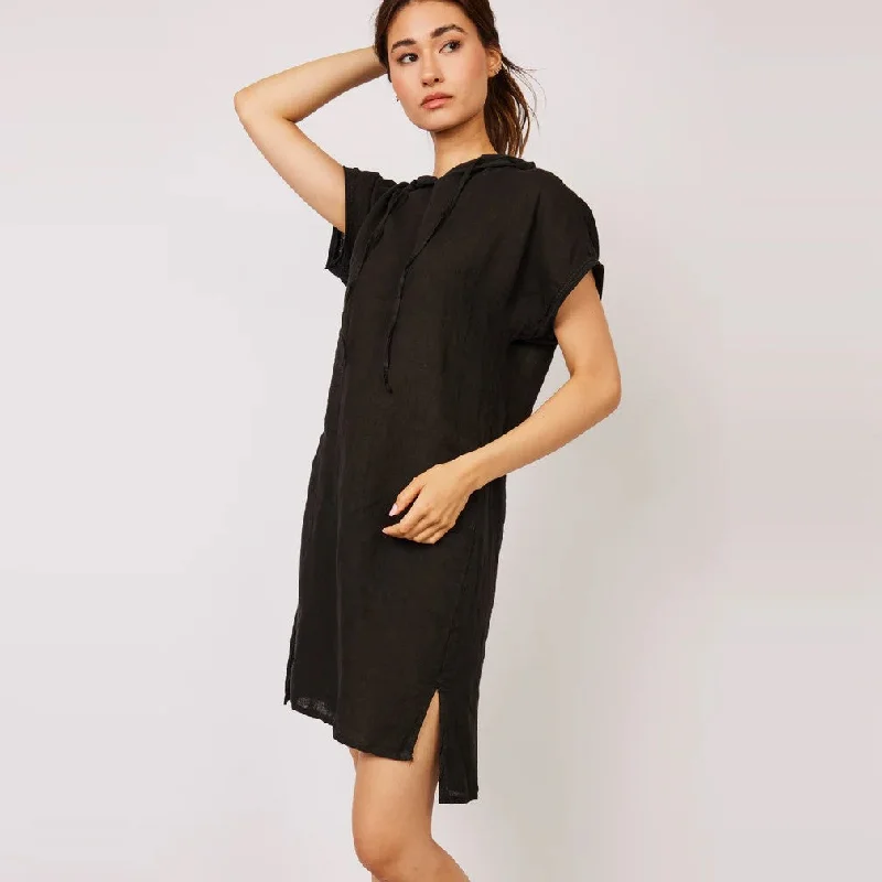 Animal Print Dresses for Fun -Linen and Jersey Cotton Hooded Dress (Black)