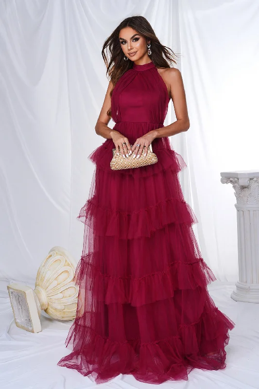 Party Dress with Zipper for Convenience -Burgundy Halter Tiered Tulle A Line Long Prom Dress