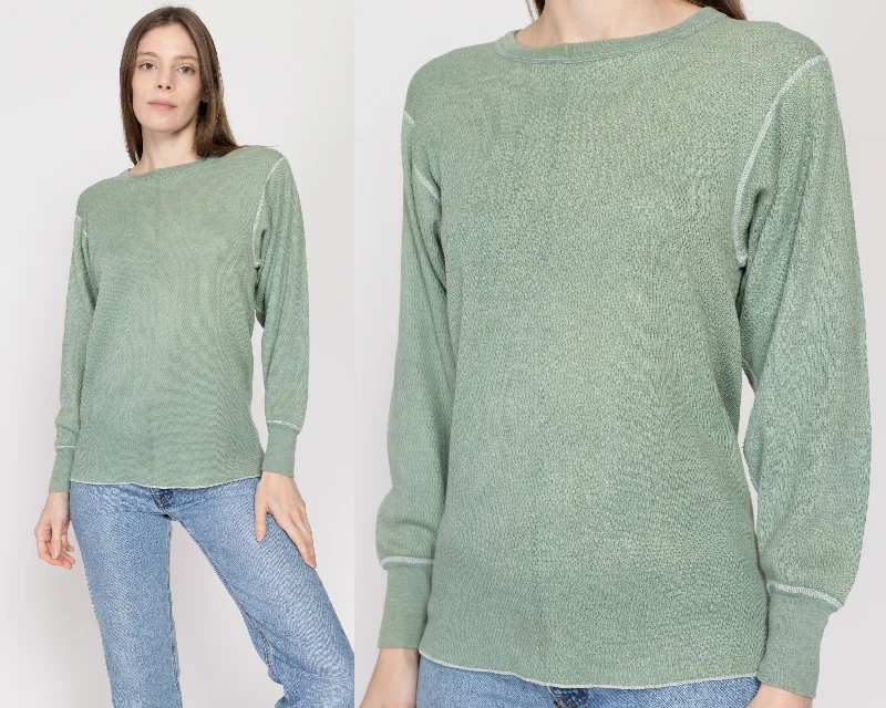 Gothic Blouses with Dark Tone -Large 80s Faded Sage Green Waffle Knit Thermal Shirt Unisex