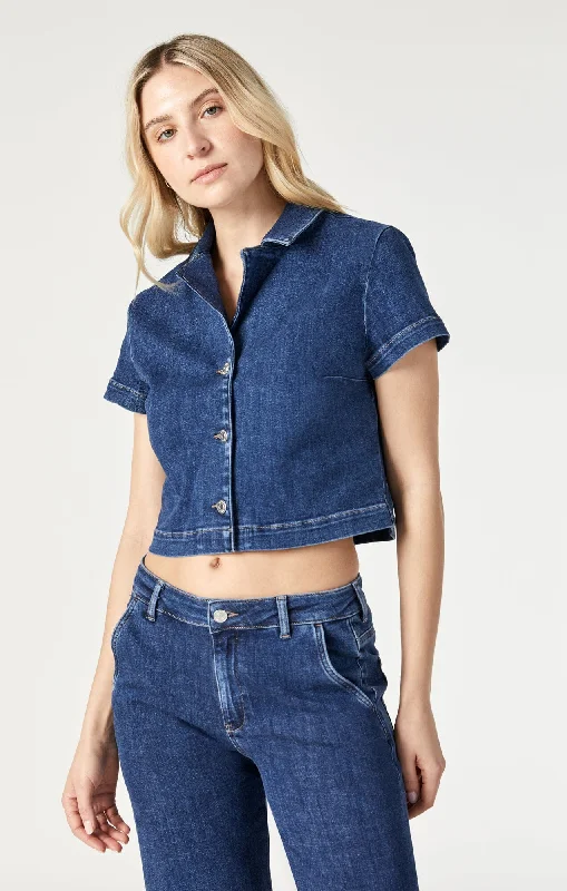 Embroidered Blouses for Detail -KEYLA CROP SHORT SLEEVE SHIRT IN DARK FEATHER BLUE