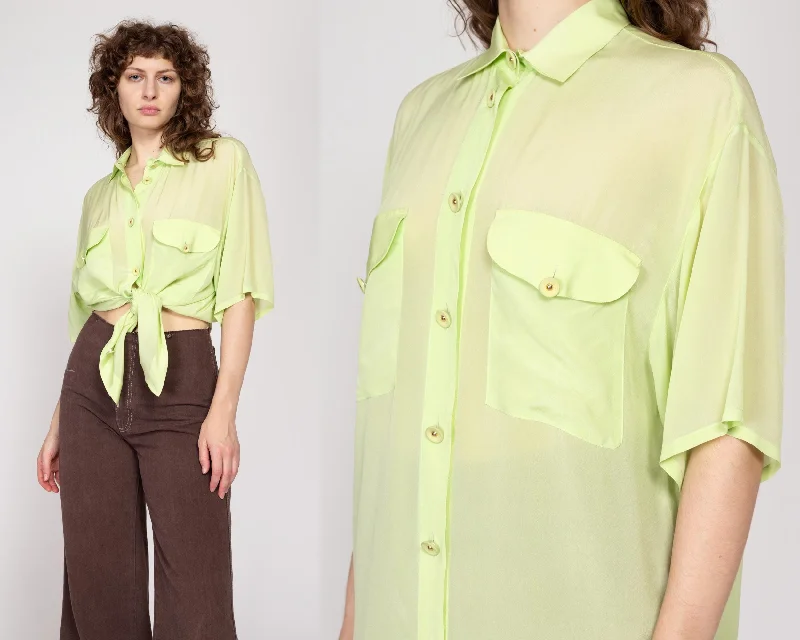 Travel Blouses for On the Go -XL 90s Mint Green Sheer Collared Shirt