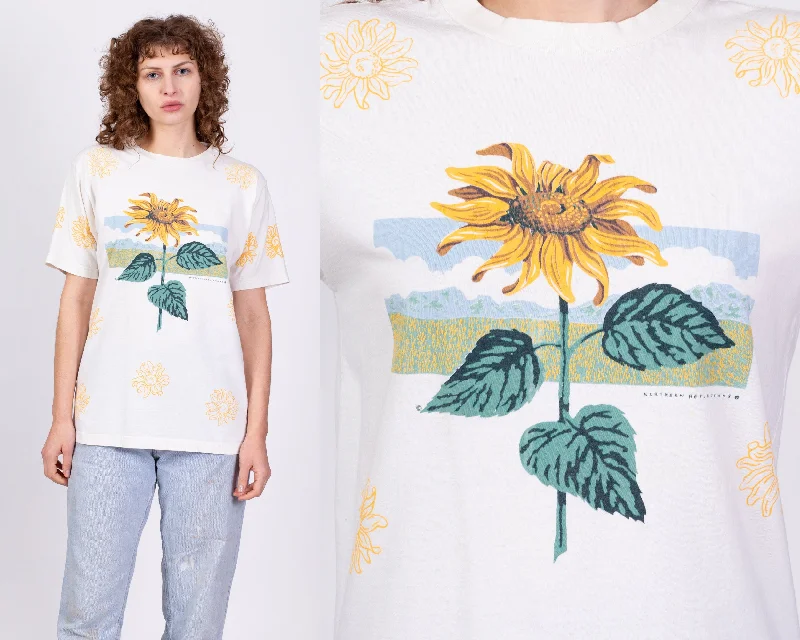 Leverback Blouses for Comfort -90s Sunflower All Over Print T Shirt - Medium