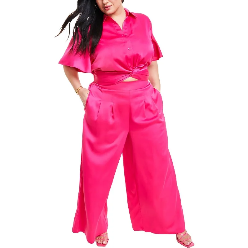 High-rise tight trousers for women with side zippers for easy styling -Nina Parker Womens Plus Pleated Satin Wide Leg Pants