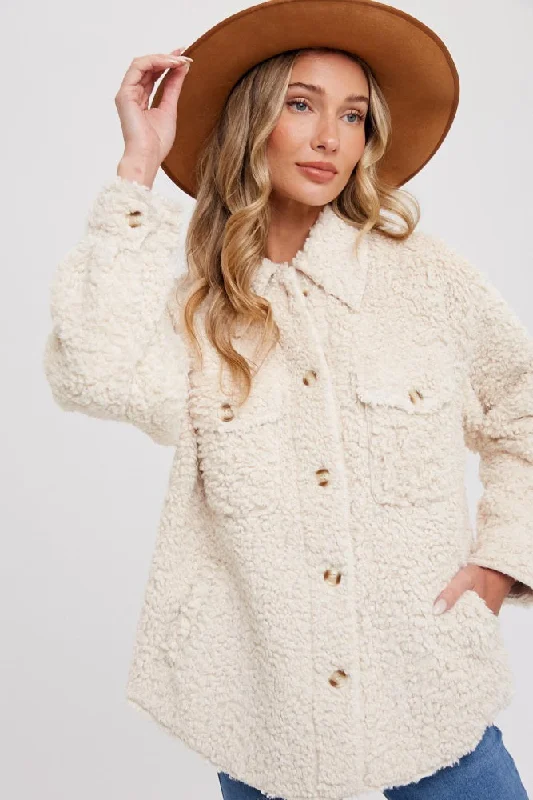 Satin Blouses for Luxurious -Cream Fuzzy Knit Shirt Jacket