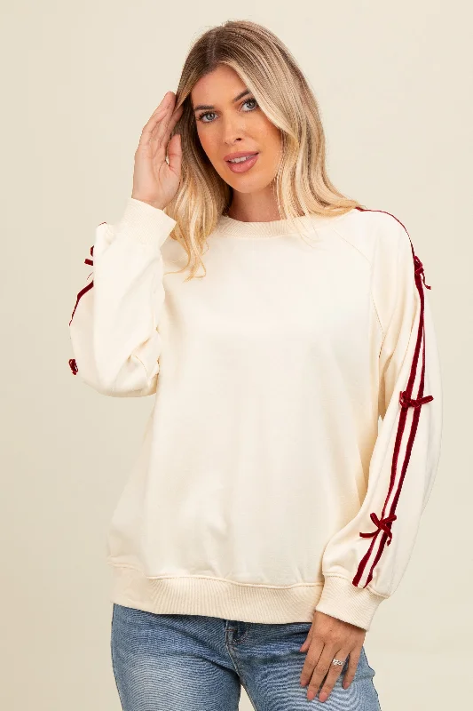 Nursing Blouses for Mothers -Cream Velvet Bow Accent Sweatshirt