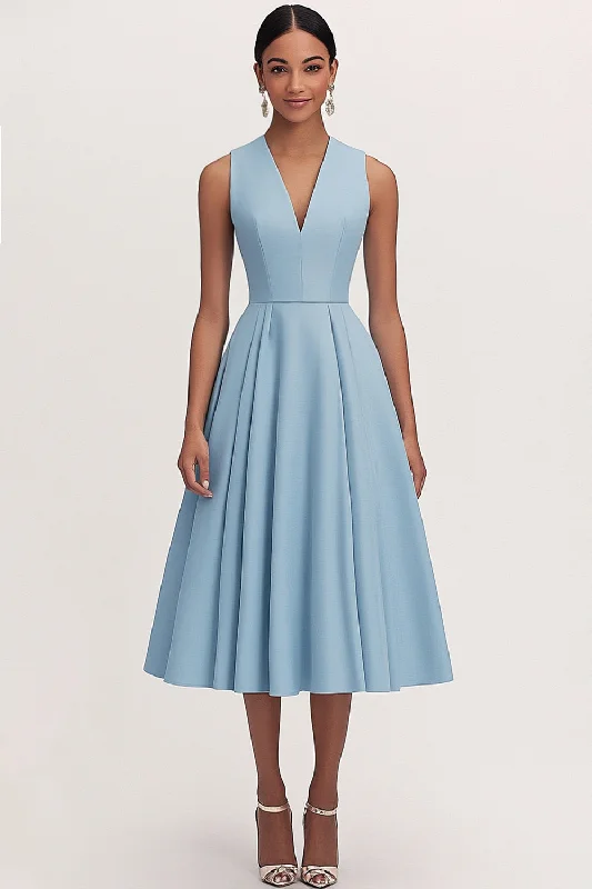 Party Dress for Birthday Party -A Line V Neck Blue Pleated Formal Party Dress