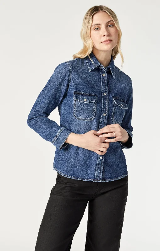 Polyester Shirts for Easy -LEVIN SEMI-FITTED DENIM SHIRT IN DARK BLUE DENIM