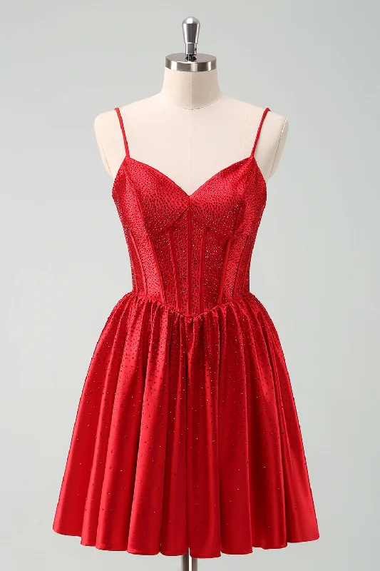 Maxi Dresses for Elegant Style -Red  A-Line Spaghetti Straps Corset Pleated Homecoming Dress