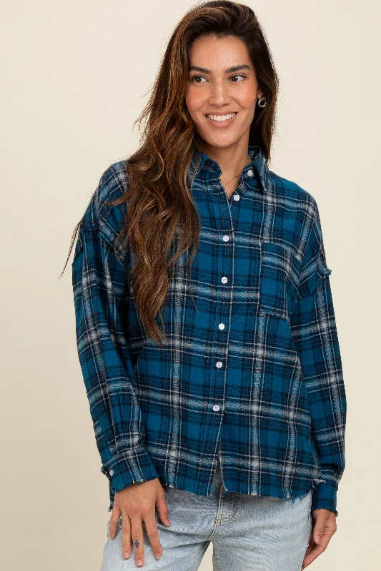 Double Blouses for Layered -Navy Plaid Fringe Hem Shirt