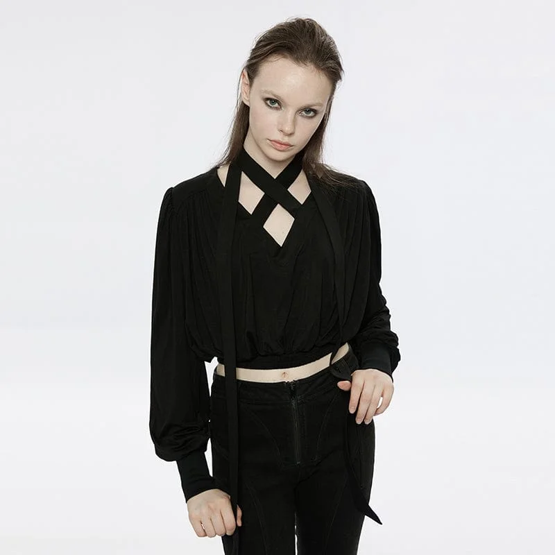 Vintage Blouses for Nostalgia -Women's Punk Strappy Puff Sleeved Plunging Shirt