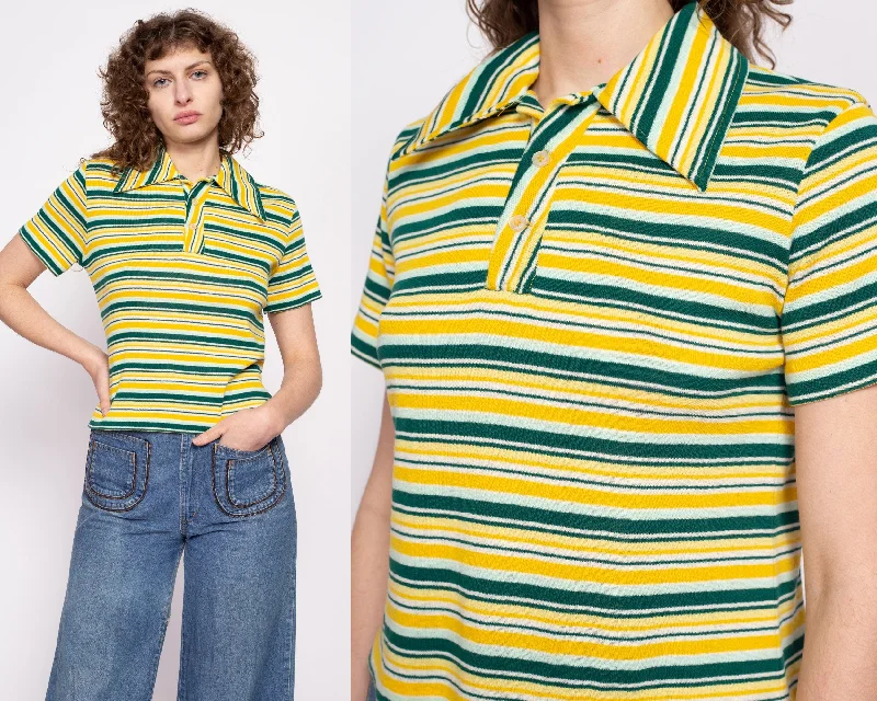 Lead Free Blouses for Health -70s Yellow & Green Striped Cropped Polo Shirt - Large