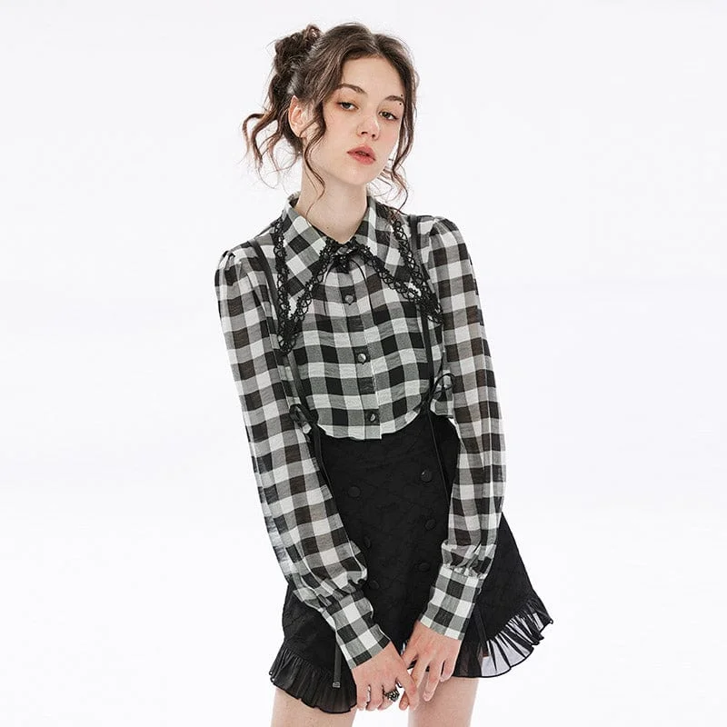 Heavy Duty Blouses for Durable -Women's Punk Puff Sleeved Sheer Plaid Chiffon Shirt