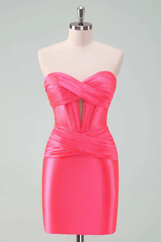 Gothic Dresses with Dark Tone -Hot Pink Bodycon Sweetheart Satin Corset Short Homecoming Dress