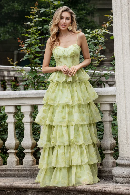 Party Dress for Casual Party -Green Flower A Line Spaghetti Straps Tiered Long Prom Dress With Ruffles