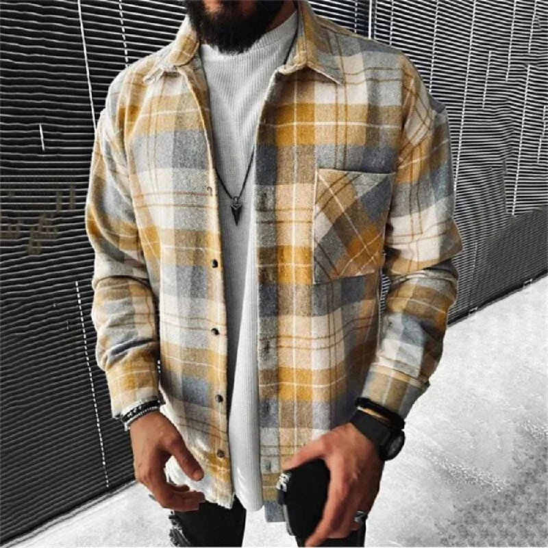 Travel Blouses for On the Go -Dynamic Plaid: Men's Pocket Long Sleeve Shirt