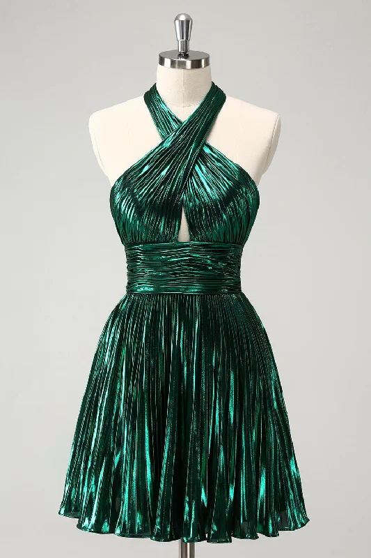 Embroidered Dresses for Detailed -Glitter Dark Green Halter A-Line Pleated Metallic Homecoming Dress