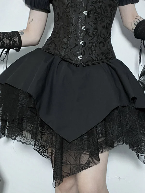 Studded Party Dress for Edgy Look -Mall Goth Mesh Black Women Lace Splice Ball Gown Aesthetic High Waist E Girl Skirt