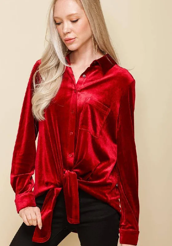 Sheer Blouses for Alluring -Women's Button Down Velvet Shirt Blouse With Tie Hem in Red