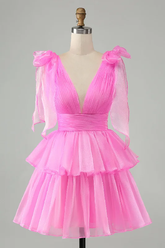 Vintage Dresses for Nostalgia -Hot Pink A Line V Neck Pleated Tiered Short Homecoming Dress