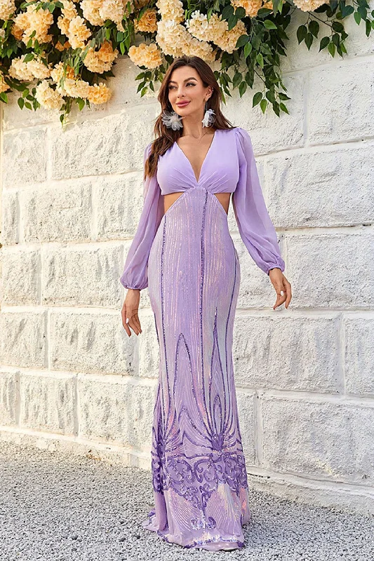 Geometric Bodice Party Dress for Modern -Purple Cut Out Sequins Long Sleeves Prom Dress with Lace-up Back