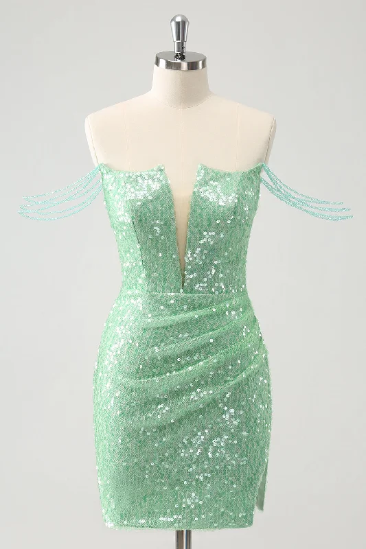 Leather Dresses for Luxury -Sparkly Green Off the Shoulder Ruched Tight Homecoming Dress with Sequins