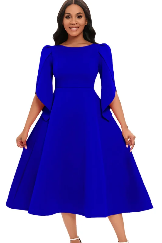 Mini Dresses for Youthful Look -Fashion Elegant Royal Blue A Line Solid Swing Cocktail Dress with Half Sleeves