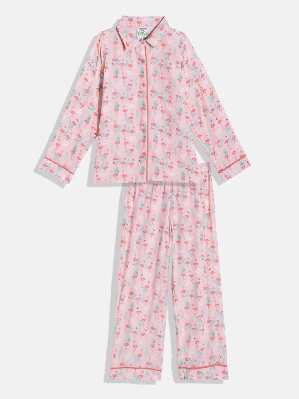 Tarnish Resistant Blouses for Long -Girls Pink Flamingo Shirt Pyjama Set