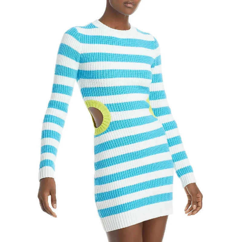 Brown Dresses for Earthy -STAUD Womens Striped Cut-Out Mini Sweaterdress