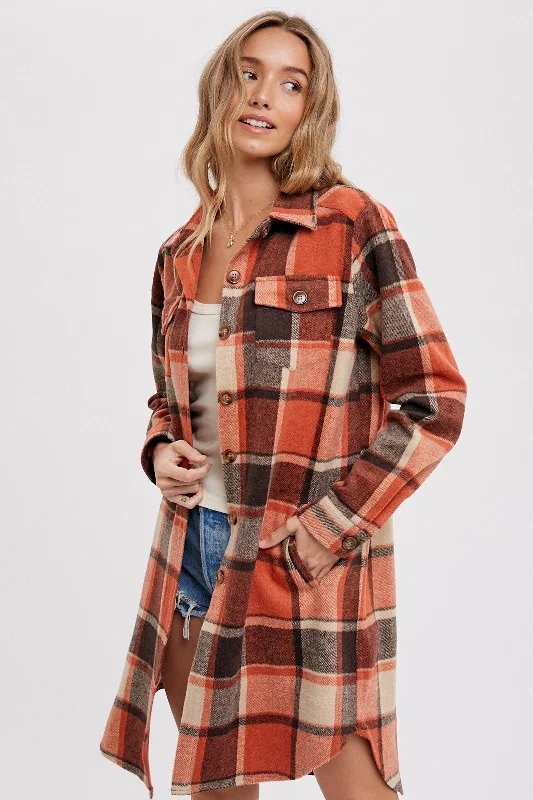 Floral Blouses for Romantic -Rust Plaid Fleece Long Shirt Jacket