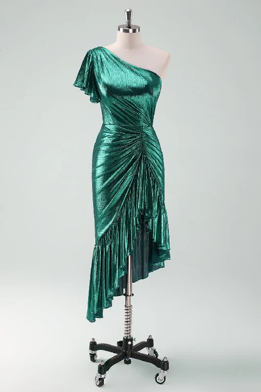 One-shoulder Dresses for Trendy -Dark Green Metallic One Shoulder Mermaid Cocktail Dress with Ruffles