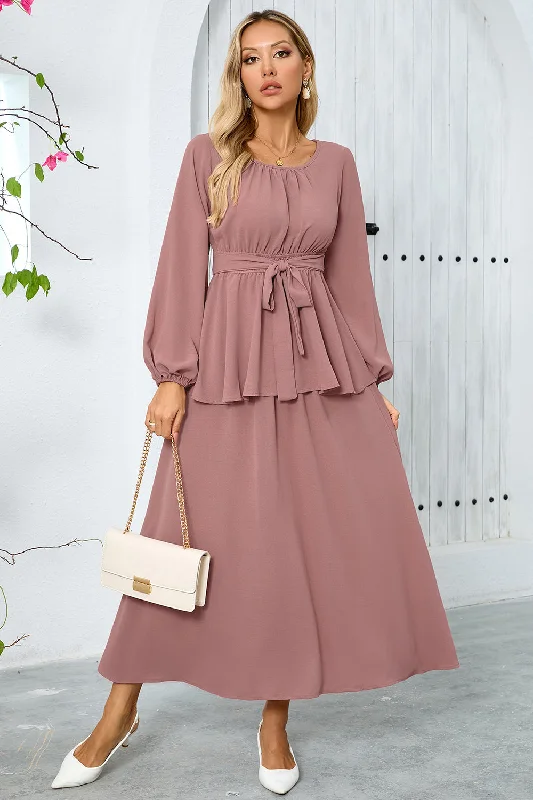 Party Dress for Prom Night -Dusty Rose A-Line Tiered Chiffon Long Party Dress with Long Sleeves