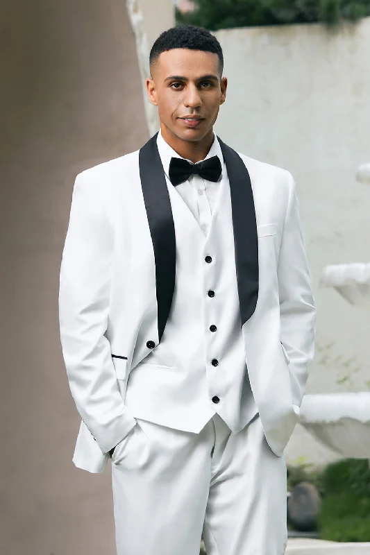 Party Dress for Fashion Party -White Shawl Lapel One Button 3 Piece Men's Prom Suits