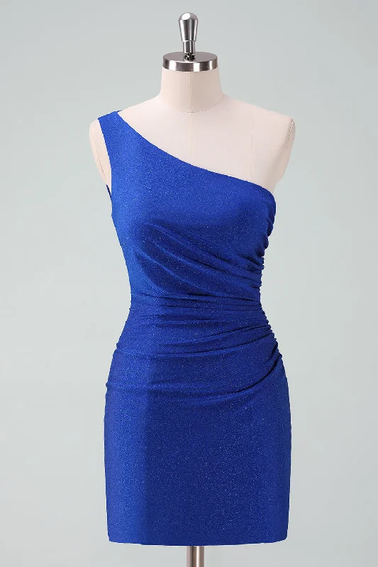 Long-sleeved Dresses for Coverage -Royal Blue One Shoulder Bodycon Ruched Short Homecoming Dress