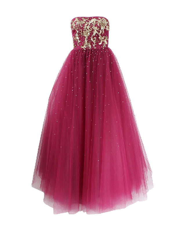 Velvet Party Dress for Rich Feel -Strapless Embroidered Bodice Ball Gown