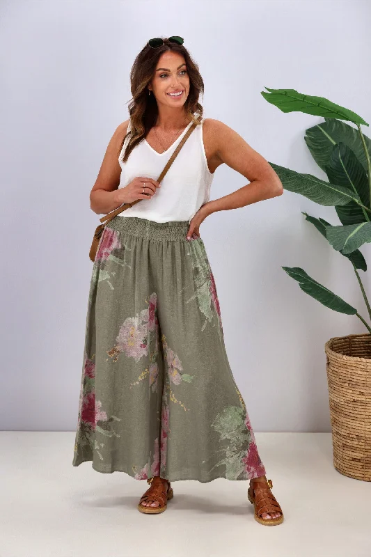 Tight trousers for women with belt loops and classic design for versatile look -Cali & Co Wide Leg Linen Floral Pant Khaki