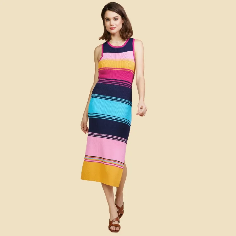 Gray Dresses for Subtle -Multi Striped Sleeveless Knit Dress (Rainbow)