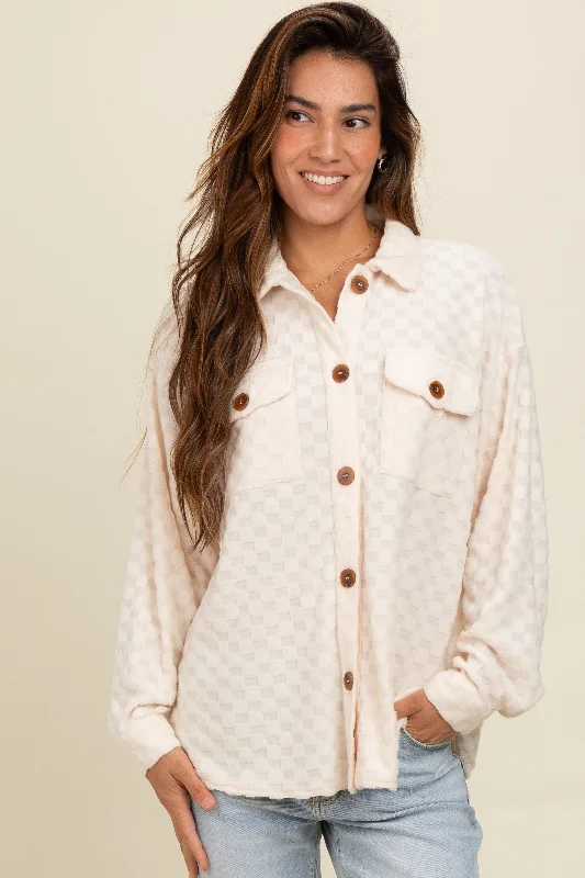 Satin Blouses for Luxurious -Ivory Checker Plaid Button Down Shirt